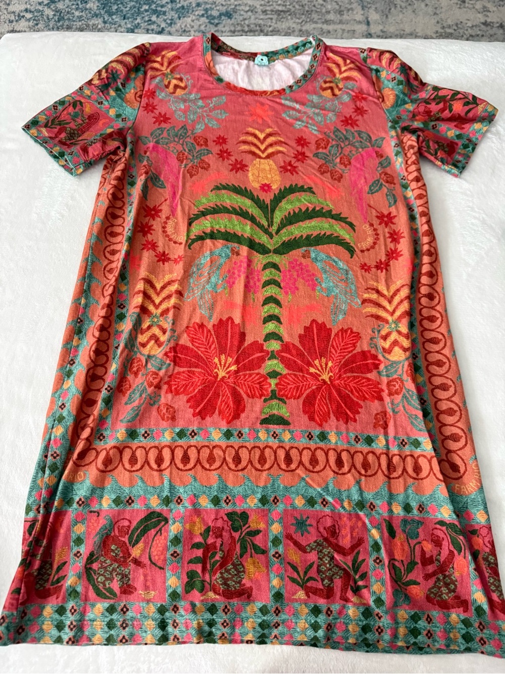 Farm Rio T-shirt Dress tropical print w/ palm trees flowers Medium D92